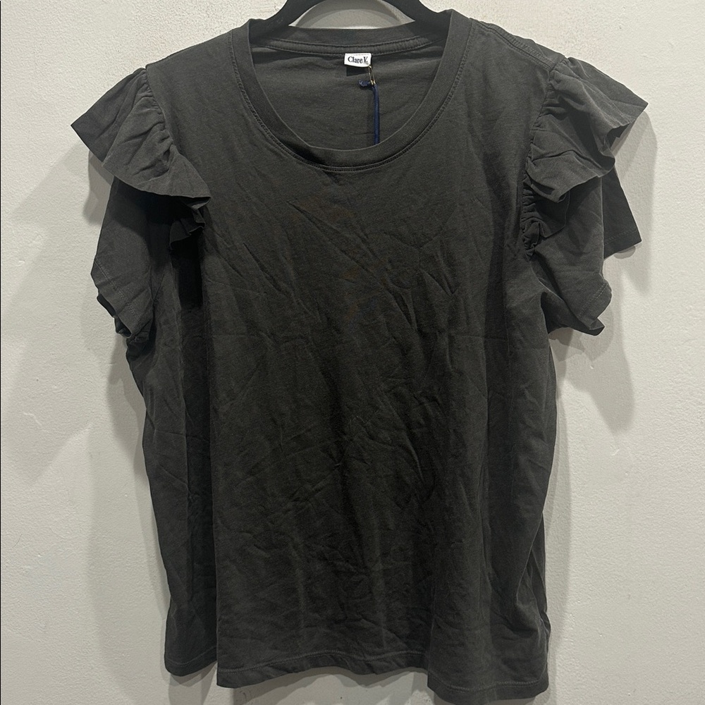 Clare V. Ruffle Charcoal Crew Neck T-Shirt Top x- large NWT 100% cotton NWT - Picture 6 of 10